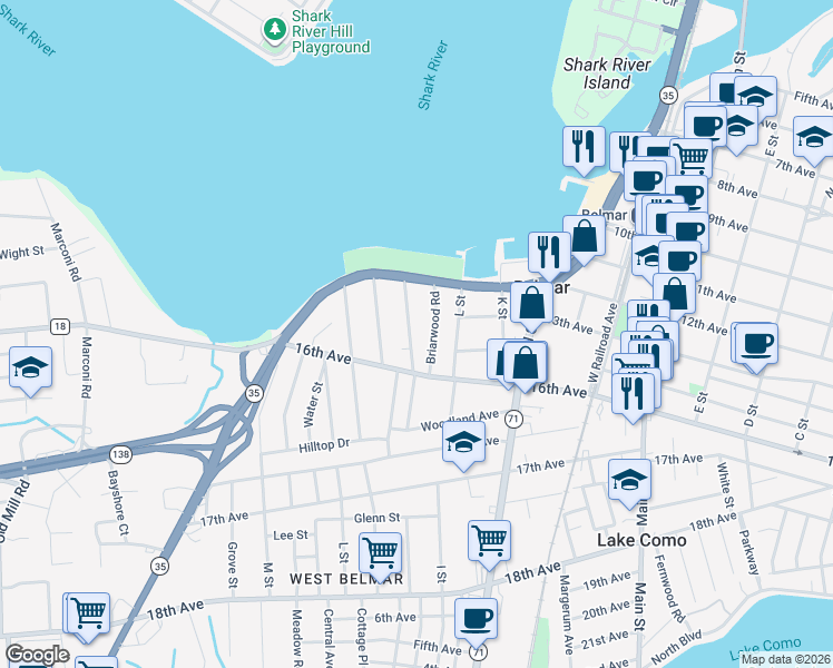 map of restaurants, bars, coffee shops, grocery stores, and more near 1235 Pine Tree Way in Belmar