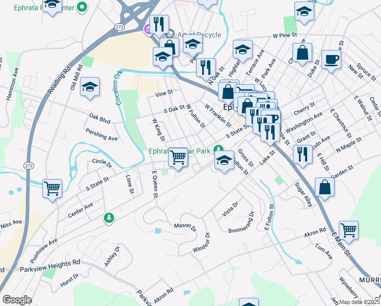 map of restaurants, bars, coffee shops, grocery stores, and more near 303 South State Street in Ephrata