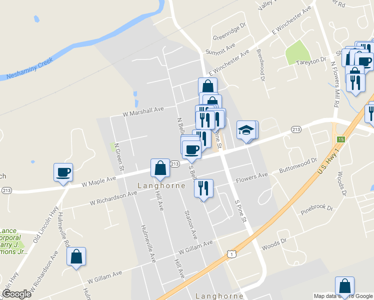 map of restaurants, bars, coffee shops, grocery stores, and more near 121 North Bellevue Avenue in Langhorne