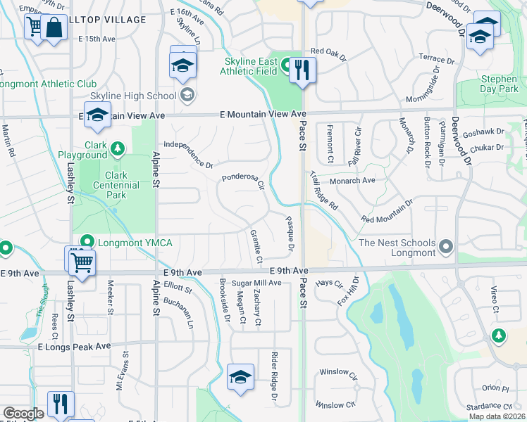 map of restaurants, bars, coffee shops, grocery stores, and more near 1075 Ponderosa Circle in Longmont