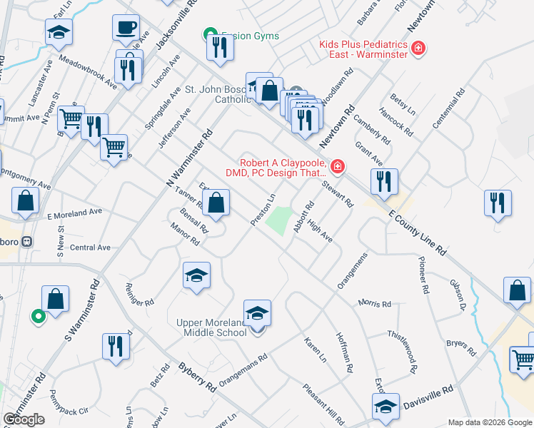 map of restaurants, bars, coffee shops, grocery stores, and more near 522 Corinthian Avenue in Hatboro