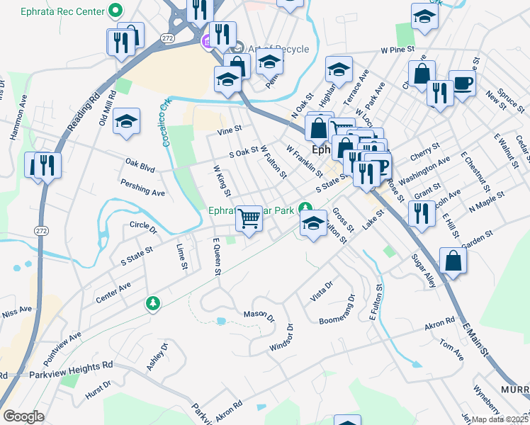 map of restaurants, bars, coffee shops, grocery stores, and more near 303 South State Street in Ephrata