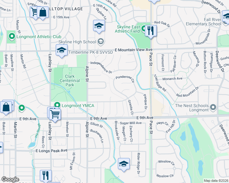 map of restaurants, bars, coffee shops, grocery stores, and more near 1029 Ponderosa Circle in Longmont