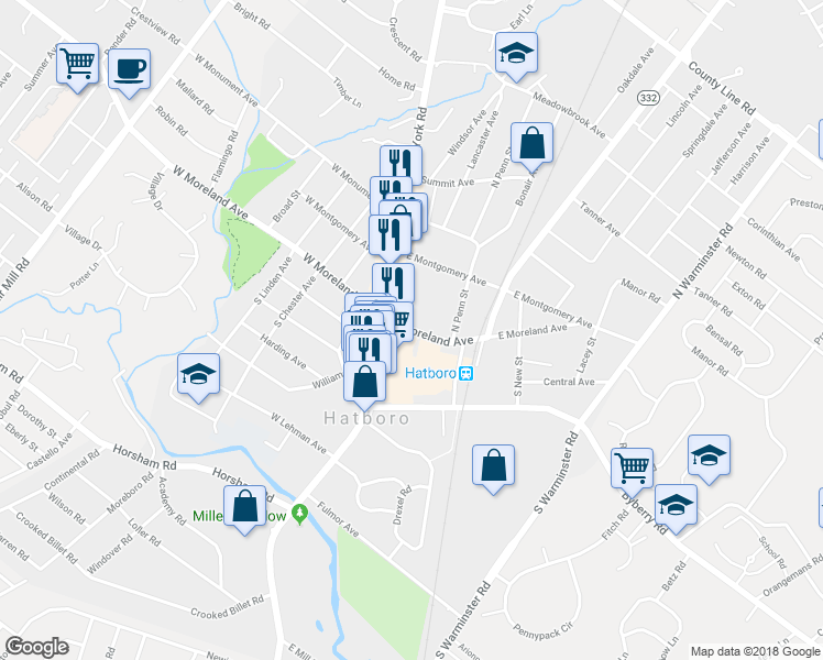 map of restaurants, bars, coffee shops, grocery stores, and more near 30 East Moreland Avenue in Hatboro