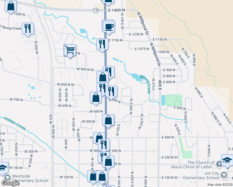map of restaurants, bars, coffee shops, grocery stores, and more near 103 East 700 North in Springville