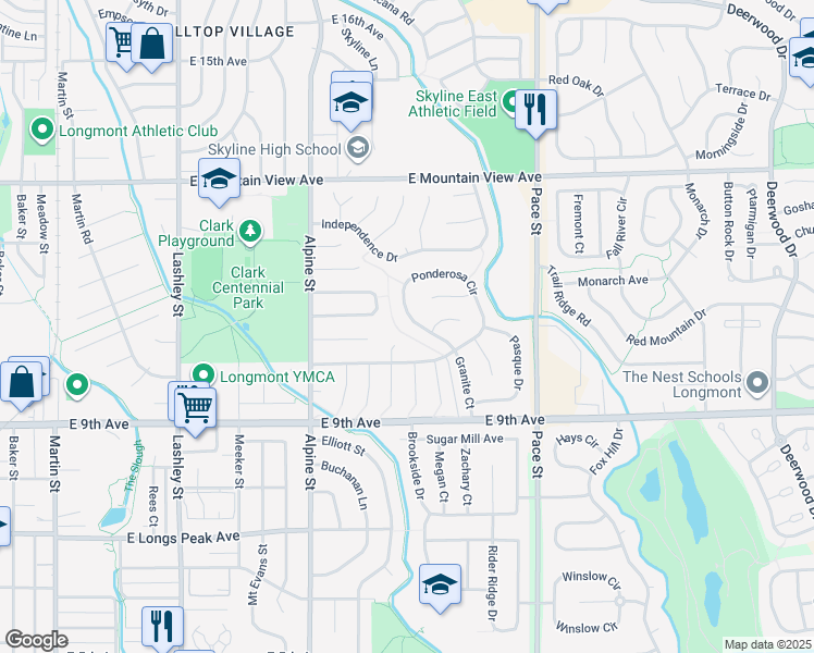 map of restaurants, bars, coffee shops, grocery stores, and more near 1029 Ponderosa Circle in Longmont