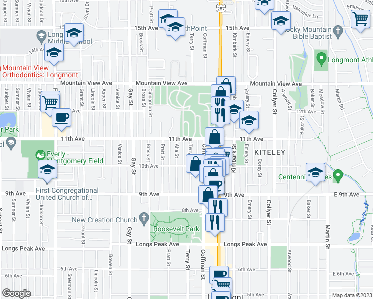 map of restaurants, bars, coffee shops, grocery stores, and more near 1047 Terry Street in Longmont