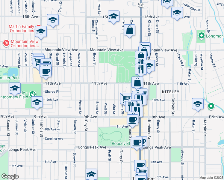 map of restaurants, bars, coffee shops, grocery stores, and more near 1049 11th Avenue in Longmont