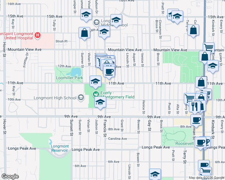 map of restaurants, bars, coffee shops, grocery stores, and more near 1427 11th Avenue in Longmont