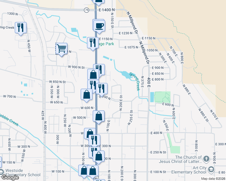 map of restaurants, bars, coffee shops, grocery stores, and more near 178 East 800 North in Springville