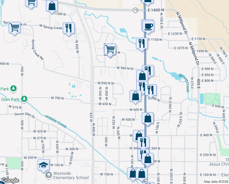map of restaurants, bars, coffee shops, grocery stores, and more near 235 West 850 North Street in Springville