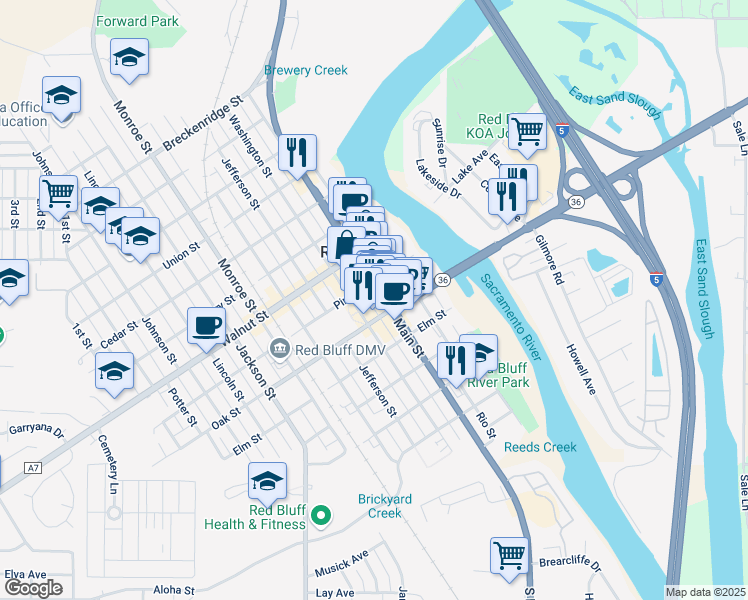 map of restaurants, bars, coffee shops, grocery stores, and more near 332 Pine Street in Red Bluff