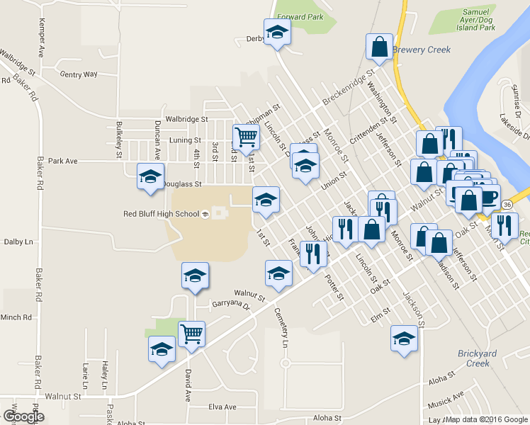 map of restaurants, bars, coffee shops, grocery stores, and more near 1133 Franklin Street in Red Bluff
