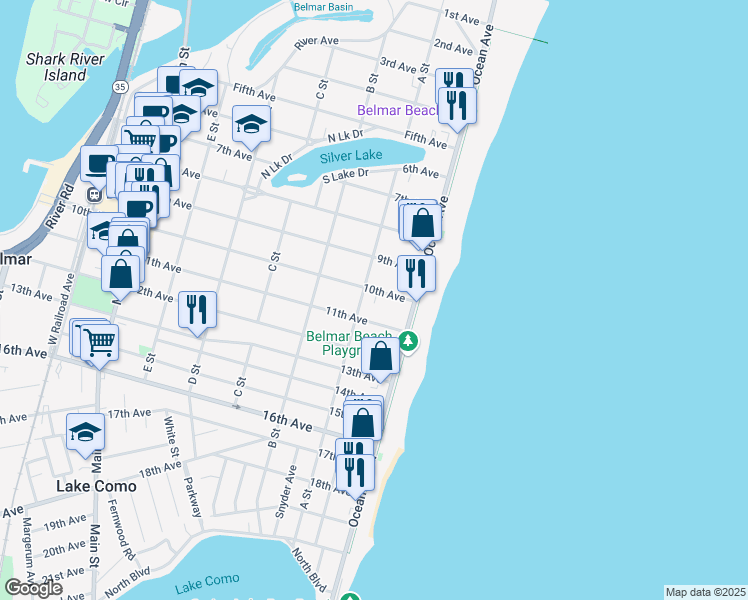 map of restaurants, bars, coffee shops, grocery stores, and more near 200 10th Avenue in Belmar