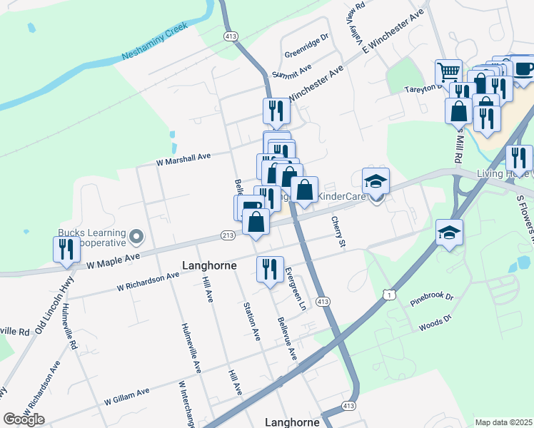 map of restaurants, bars, coffee shops, grocery stores, and more near 120-194 North Pine Street in Langhorne