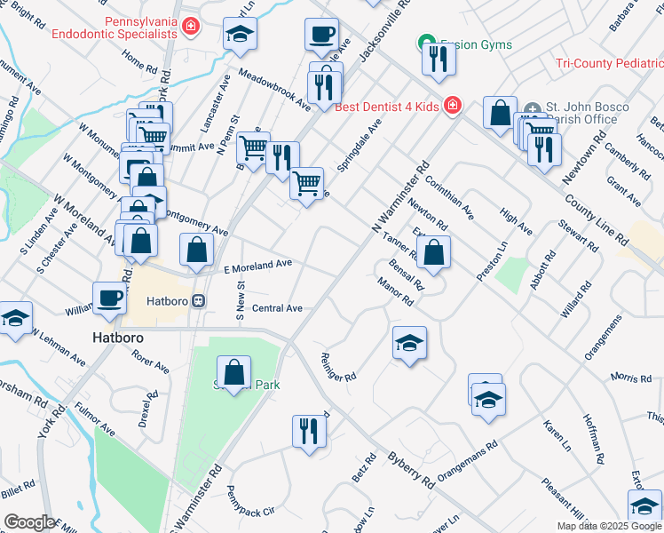 map of restaurants, bars, coffee shops, grocery stores, and more near 332 Manor Road in Hatboro