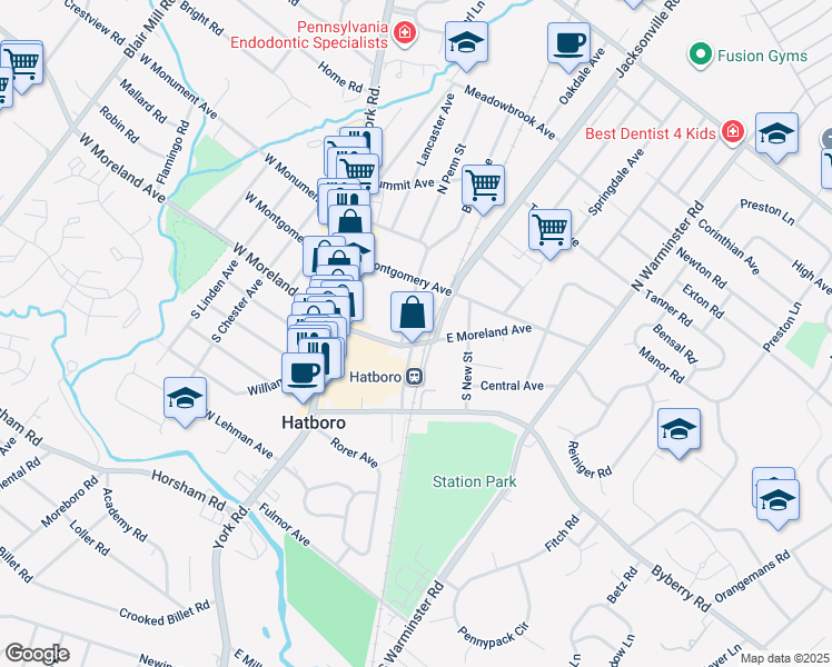 map of restaurants, bars, coffee shops, grocery stores, and more near 27 North Penn Street in Hatboro