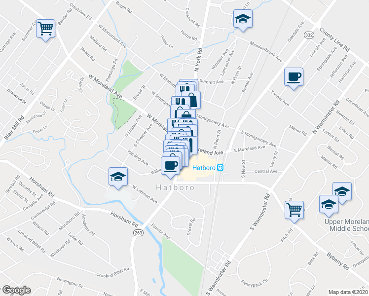 map of restaurants, bars, coffee shops, grocery stores, and more near 7 Pennsylvania 263 in Hatboro