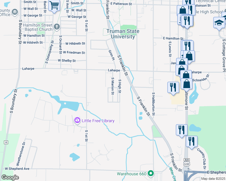 map of restaurants, bars, coffee shops, grocery stores, and more near 2101-2199 Bartlett Street in Kirksville
