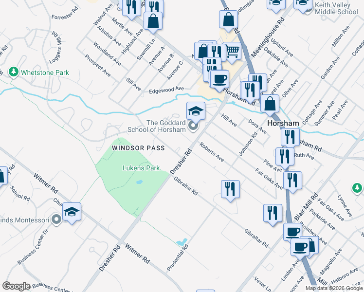 map of restaurants, bars, coffee shops, grocery stores, and more near 310 Sawmill Lane in Horsham