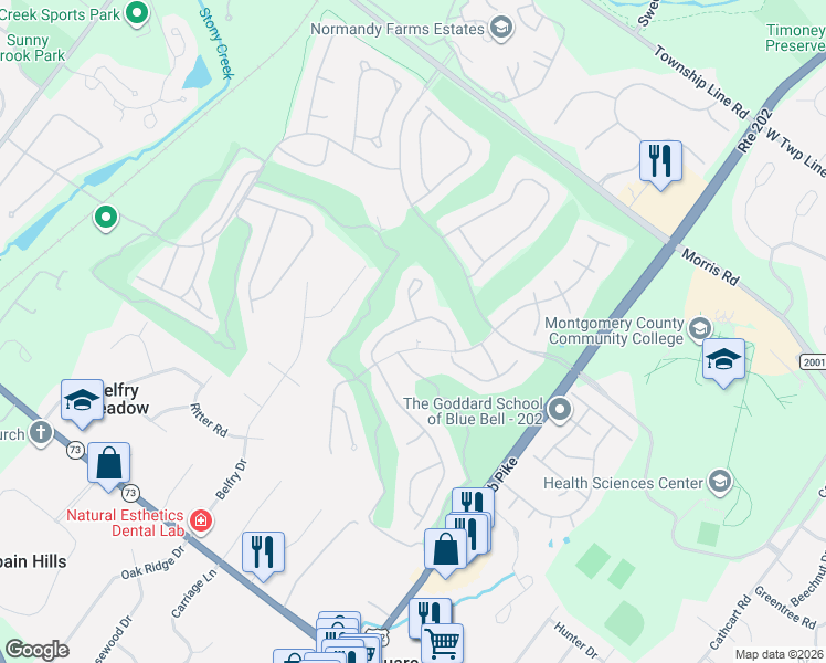 map of restaurants, bars, coffee shops, grocery stores, and more near 145 Canterbury Lane in Blue Bell