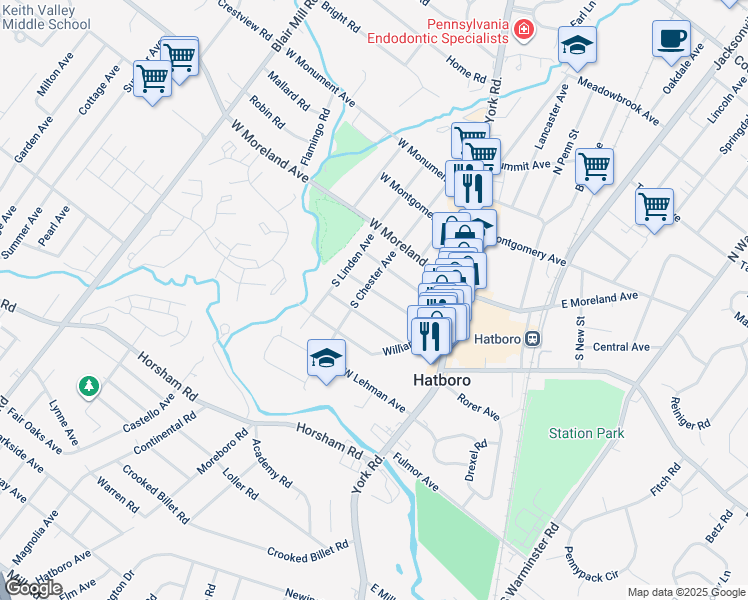 map of restaurants, bars, coffee shops, grocery stores, and more near 47 Fairview Avenue in Hatboro