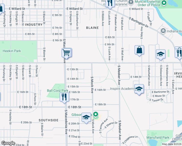 map of restaurants, bars, coffee shops, grocery stores, and more near 2014 East 13th Street in Muncie