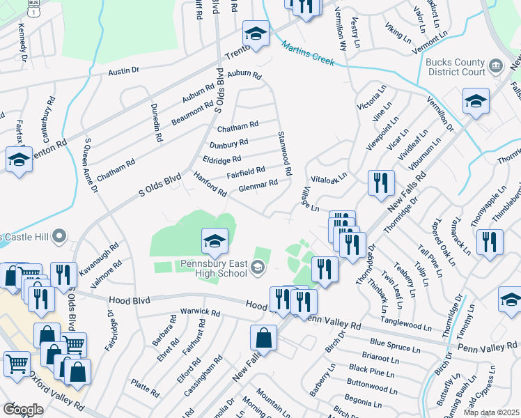 map of restaurants, bars, coffee shops, grocery stores, and more near 837 Hanford Road in Fairless Hills