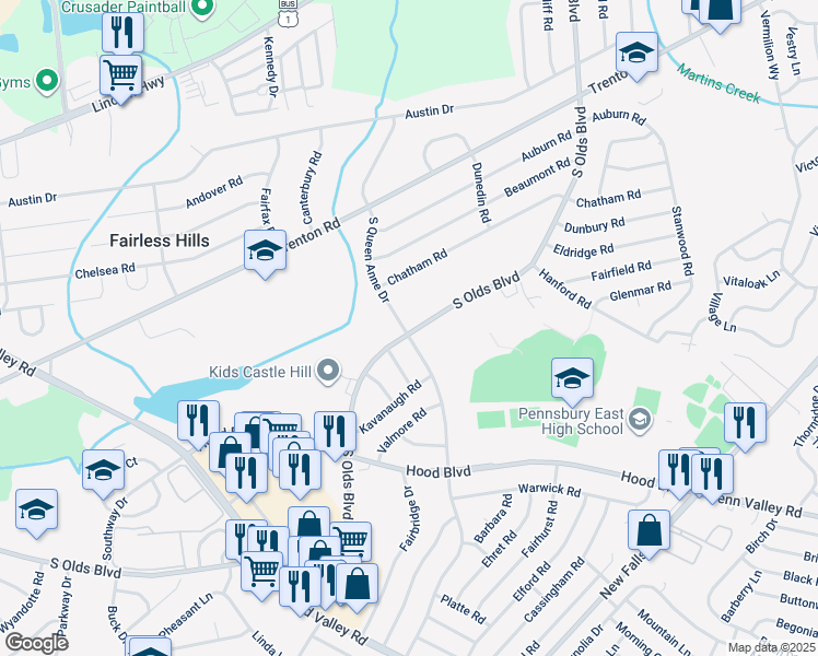 map of restaurants, bars, coffee shops, grocery stores, and more near 603 South Olds Boulevard in Fairless Hills