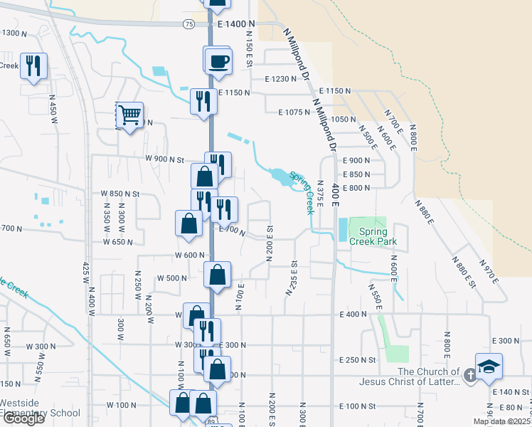 map of restaurants, bars, coffee shops, grocery stores, and more near 771 North 200 East Street in Springville
