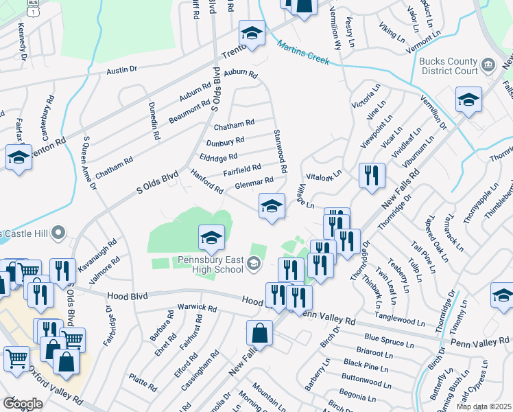map of restaurants, bars, coffee shops, grocery stores, and more near 837 Hanford Road in Fairless Hills