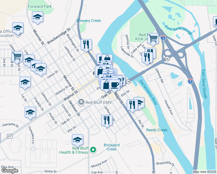 map of restaurants, bars, coffee shops, grocery stores, and more near 635 Main Street in Red Bluff