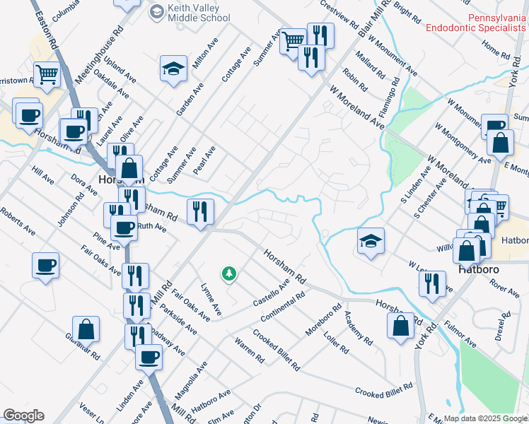 map of restaurants, bars, coffee shops, grocery stores, and more near 2529 Horsham Road in Hatboro