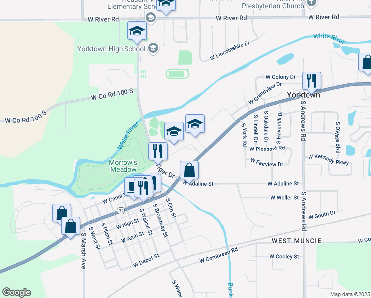 map of restaurants, bars, coffee shops, grocery stores, and more near 8820 West Smith Street in Yorktown