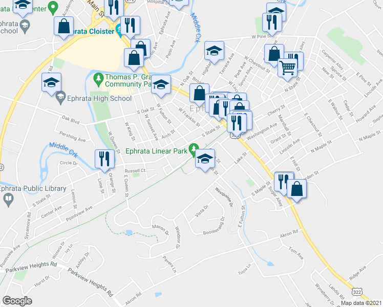map of restaurants, bars, coffee shops, grocery stores, and more near 19 East Fulton Street in Ephrata