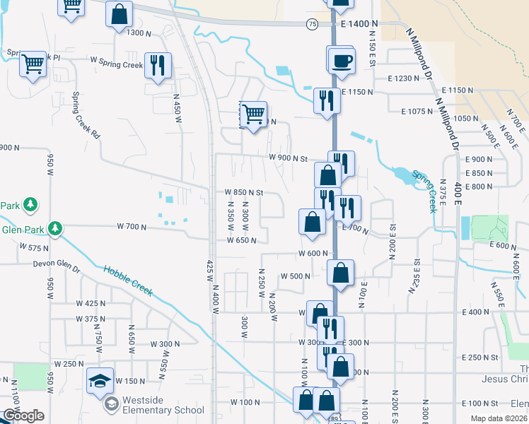 map of restaurants, bars, coffee shops, grocery stores, and more near 778 North 250 West in Springville