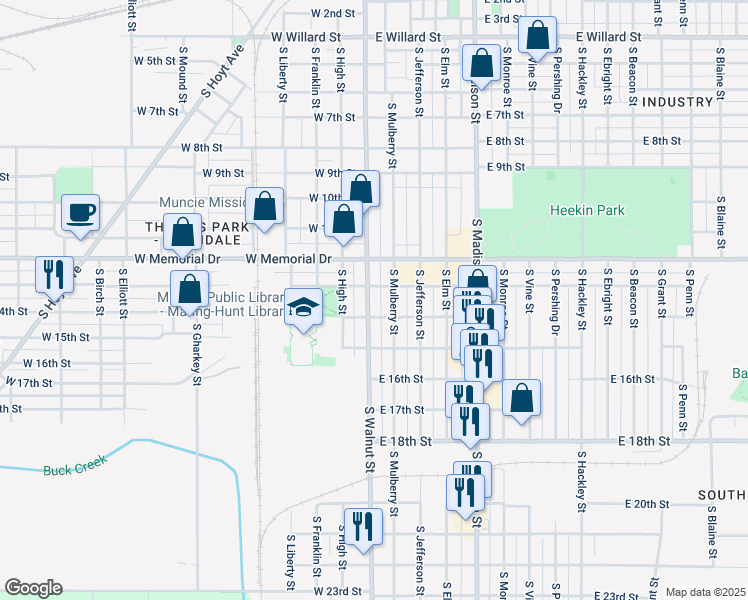 map of restaurants, bars, coffee shops, grocery stores, and more near 2006 South Walnut Street in Muncie