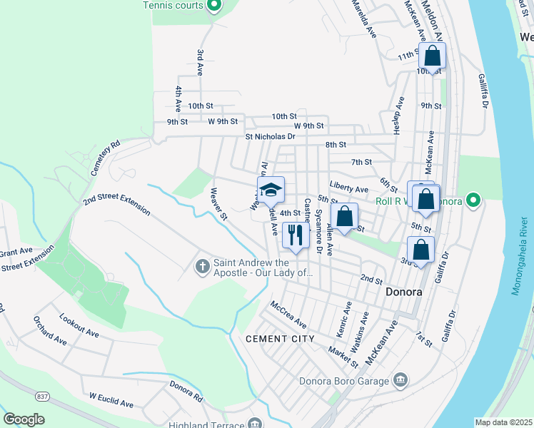 map of restaurants, bars, coffee shops, grocery stores, and more near 401 Waddell Avenue in Donora