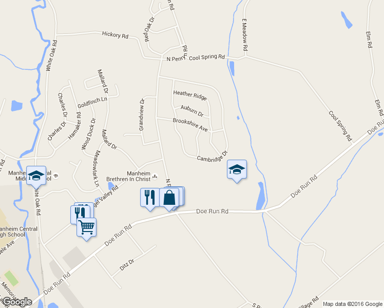map of restaurants, bars, coffee shops, grocery stores, and more near 1041 Cambridge Drive in Manheim
