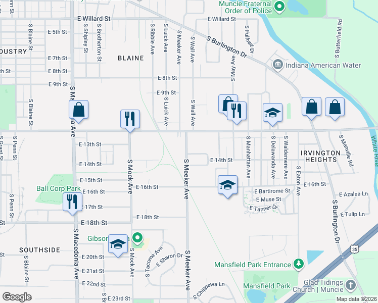 map of restaurants, bars, coffee shops, grocery stores, and more near 1914 S Meeker Ave in Muncie