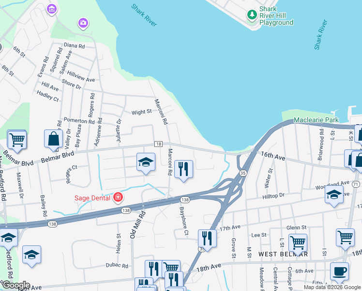 map of restaurants, bars, coffee shops, grocery stores, and more near Belmar Boulevard & Marion Street in Wall Township