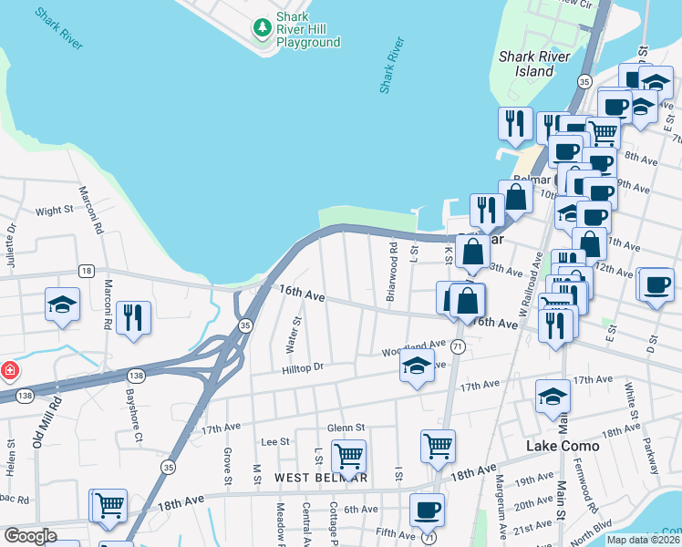 map of restaurants, bars, coffee shops, grocery stores, and more near 1219 Oakwood Road in Belmar