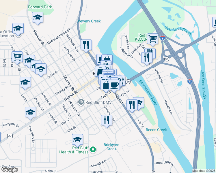map of restaurants, bars, coffee shops, grocery stores, and more near 635 Main Street in Red Bluff