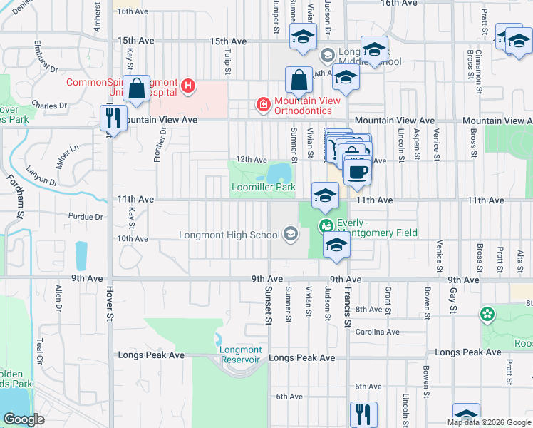 map of restaurants, bars, coffee shops, grocery stores, and more near 1051 Sunset Street in Longmont