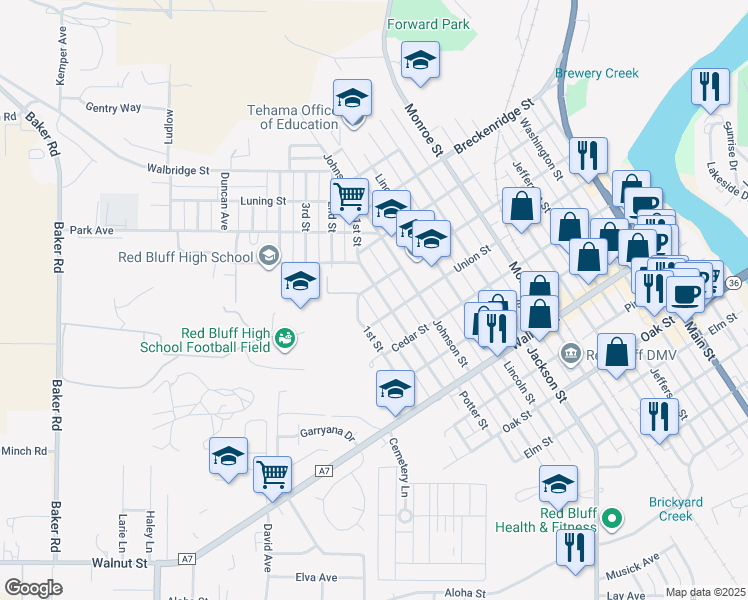 map of restaurants, bars, coffee shops, grocery stores, and more near 1156 Franklin Street in Red Bluff