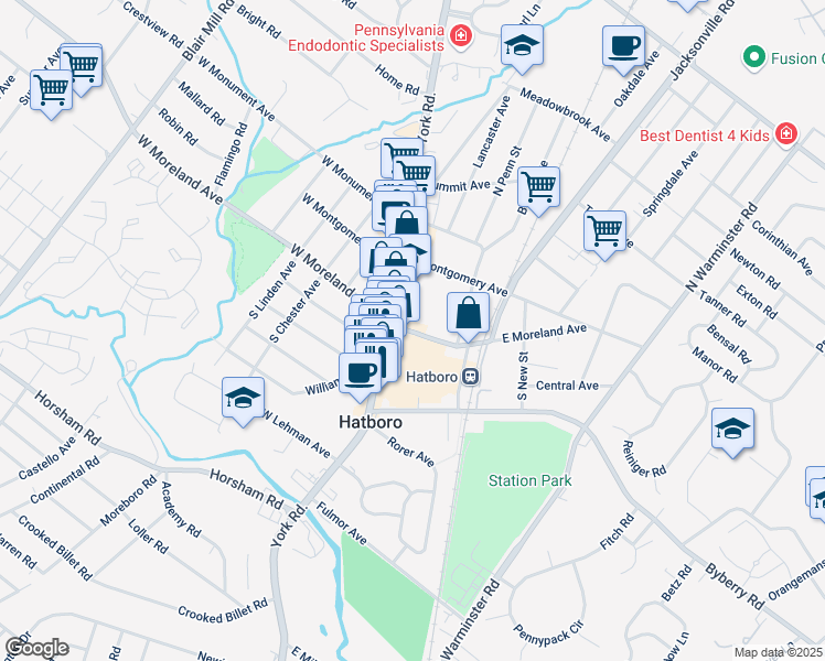 map of restaurants, bars, coffee shops, grocery stores, and more near 29 East Moreland Avenue in Hatboro