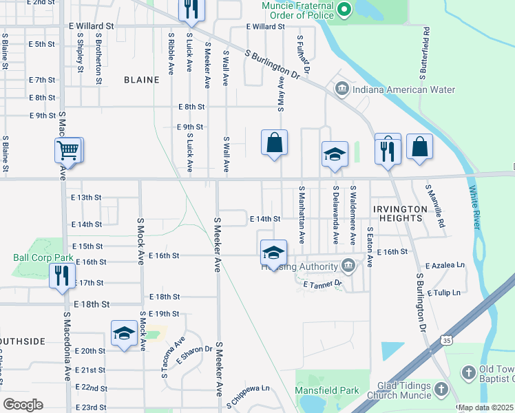 map of restaurants, bars, coffee shops, grocery stores, and more near 2617 East Memorial Drive in Muncie