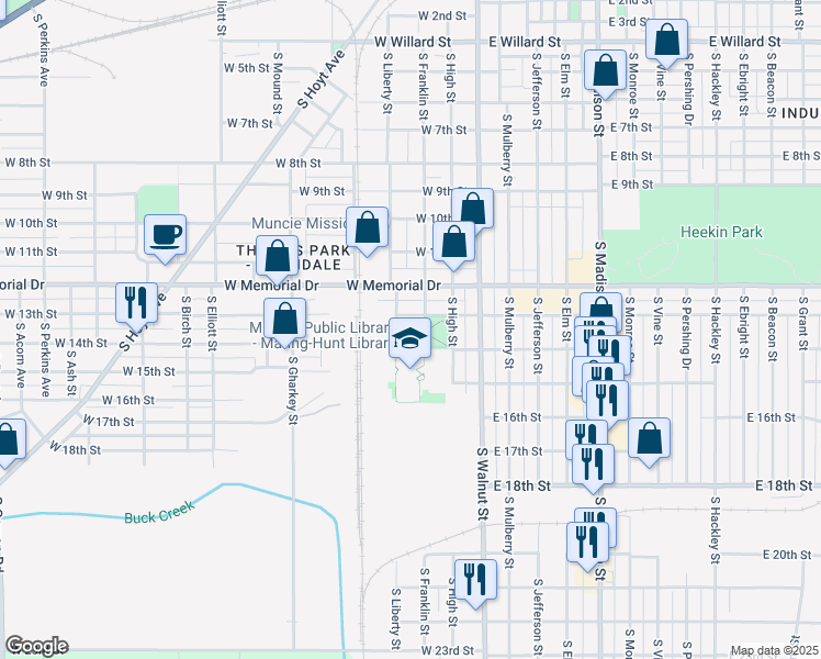 map of restaurants, bars, coffee shops, grocery stores, and more near 304 West 13th Street in Muncie