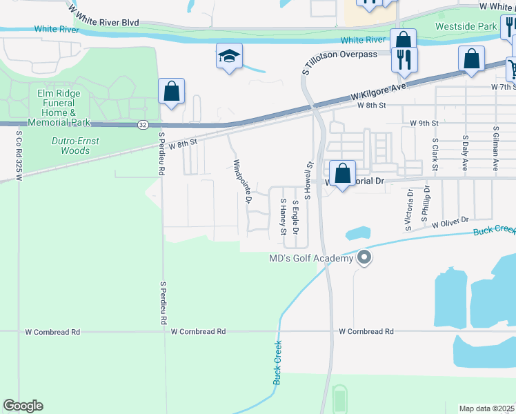 map of restaurants, bars, coffee shops, grocery stores, and more near 3500 Brookfield Drive in Muncie
