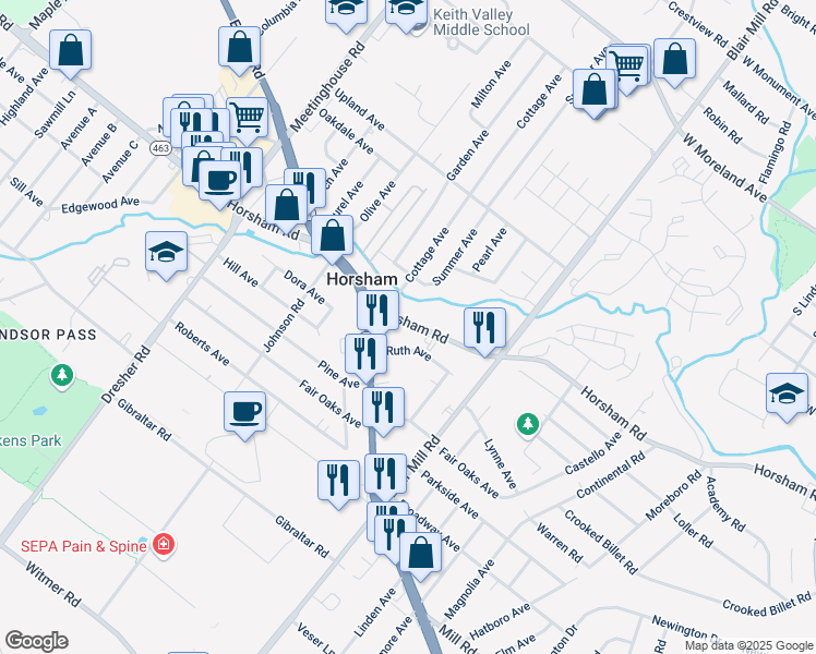 map of restaurants, bars, coffee shops, grocery stores, and more near 205 Horsham Road in Horsham